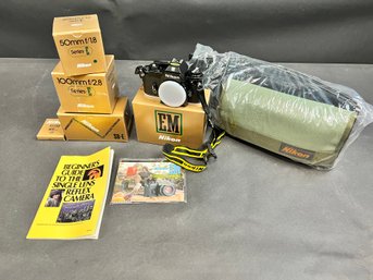 Nikon EM Camera Lot With Lenses, Flash And Camera Bag - Original Boxes And Manual