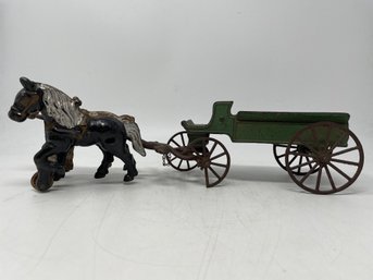 Vintage Green Cast Iron Horse Drawn Wagon Toy