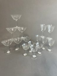 Set Of Antique Etched Glass Stemware