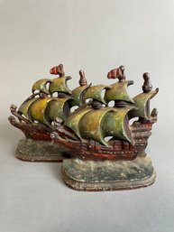 Pair Of Vintage Painted Cast Iron Ship Bookends