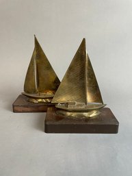 Pair Of Vintage Brass Sailboat Bookends