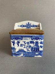 Blue Willow Pattern Salt Cellar With Wooden Lid