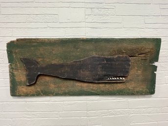 Large Carved Whale On Wooden Plaque Mount Repurposed Antique Board And Shell Teeth