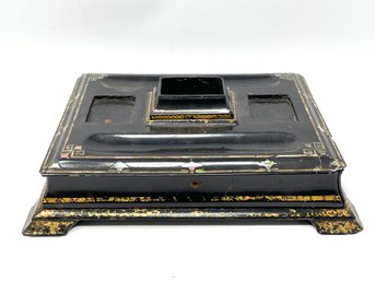 Antique Paper Mache Inkwell Writing Box With Mother Of Pearl Inlay