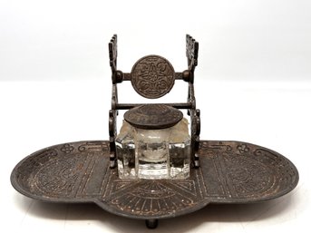 Antique Eastlake Cast Iron Inkwell With Glass Ink Pot And Pen Holder