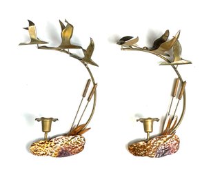 Pair Of Mid Century Modern Copper Seagulls Over Cattails Wall Sconces