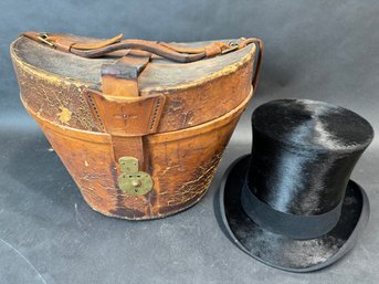 Antique Leather Top Hat Box With Hat