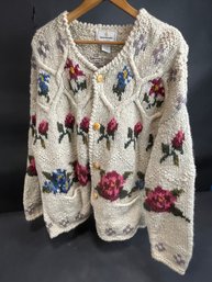Express Tricot Handmade Wool Cardigan Sweater In Floral Pattern With Wooden Buttons - Size M/l