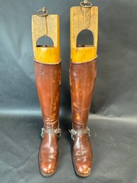 Antique English Leather Riding Boots With Wooden Shoe Forms