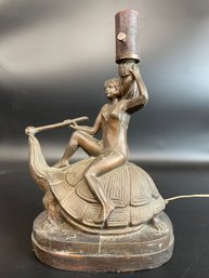 Vintage Figural Table Lamp Of A Bathing Beauty Riding A Turtle