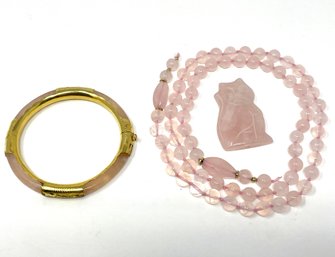 Vintage Rose Quartz Jewelry Lot Includes Bangle, Cat Pendant And Necklace (necklace Needs Repair)