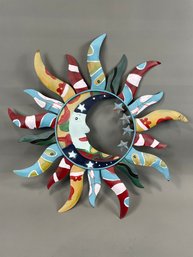 Large Painted Tin Sun And Moon Wall Hanging
