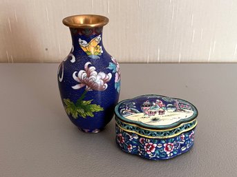 Cloisonne Brass And Enamel Cobalt Blue Vase And Covered Jar