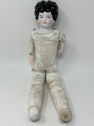 Antique Cloth And Leather Doll With Bisque Head