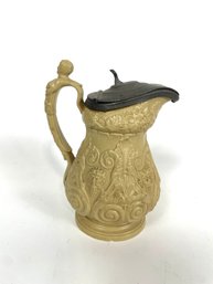 Ridgway Yellow Stoneware Figural Syrup Pitcher Pewter Lid Faces Cherub Handle