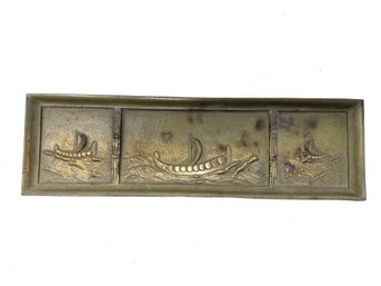 Antique Victorian Era All-Brass Viking Ships On Sea Design Pen Desk Tray