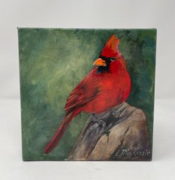 Signed Miniature Cardinal Painted On Canvas