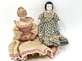 Pair Of Antique Bisque & Porcelain Dolls With Victorian Era Clothing