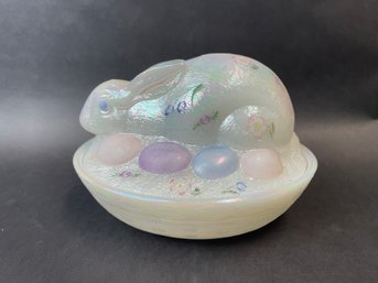 Fenton Easter Rabbit Green/Pink Iridescent Lidded Nest Dish