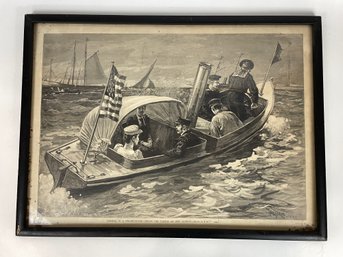 Antique 'Visiting In A Steam Launch Among The Yachts At New London' Print -  T. De Thulstrup