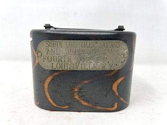 Antique Japanned Copper Flash Savings Bank With Advertising