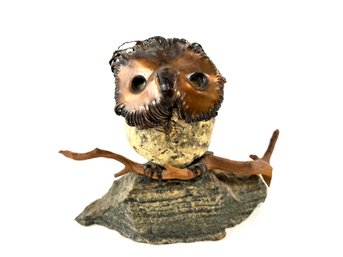 Midmod Brutalist Metal Owl Sculpture On Burl Wood Style Of Curtis Jere OOAK