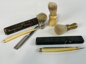 Lot Of Barber Brushes And Straight Razors