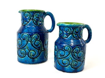 Pair 1960s Mid-Century Modern Aldo Londi For Bitossi Blue Rimini Pitchers