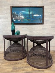 Pair Of HUGE Antique Rattan Barrel Tables With Glass Tops