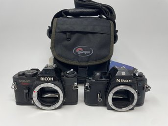 Vintage Ricoh KR-10  & Nikon EM - 35 MM Camera Bodies With Case