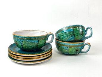 Vintage Mid Century Modern Italian Pottery Multi Color Design Cups & Saucers