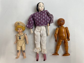 Group Of Folk Art Carved Dolls Including Jointed Czech Doll