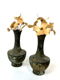 Pair Of Small Metal Vases With Wood Flowers - Marked Japan