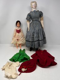 Pair Of Vintage Dolls Including Nice Bisque Head Victorian Era Doll