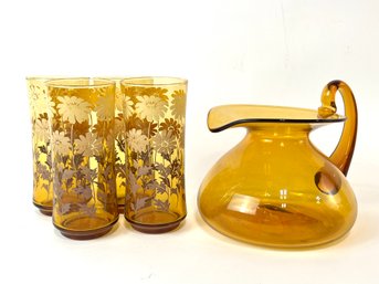 Vintage Amber Glass Ewer & Set Of 4 Glasses With Flowers