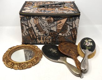 Vintage Traveling Vanity Lot Including Unique Luggage, Vanity Set And Gilded Decorative Petite Wall Mirror