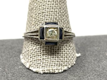 18k Gold Art Deco Diamond Sapphire Engagement Ring 2.98g (68)