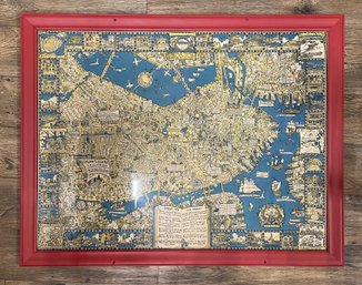 Vintage 1940s Pictorial Map Of Boston Framed Great Detail