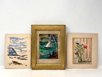 Group Of Three Diminutive Gouache Paintings - Signed