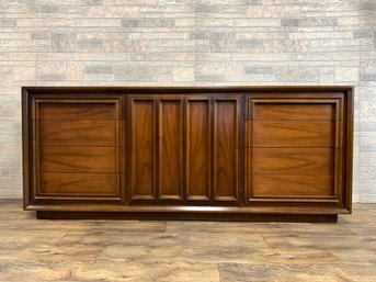 Mid Century Walnut Sculpted Paneled Chest By J.B. Van Sciver