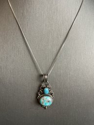 Sterling Necklace With Turquoise Decorated Pendant