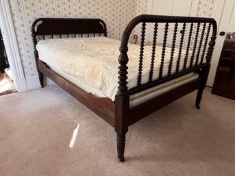 Antique Jenny Lind Full Sized Spindle Wood Bed Frame With Group Of Five Antique Feather Pillows