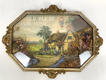 Vintage  Diorama Convex Bubble Glass Framed 'God Bless Our Home' Wall Art