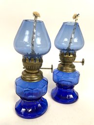 Made In Hong Kong - Pair Of Cobalt Oil Lamps