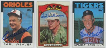Lot Of (3) Signed Topps Baseball Manager Cards W/ Sparky Anderson, Earl Weaver And Dick Williams
