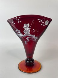 Fenton Ruby Red Mary Gregory Style Fan Vase With Boy Fishing Signed /1250