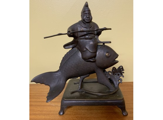 Great Signed Asian Bronze Sculpture Of A Man On A Fish