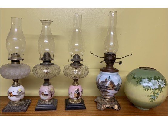 Lot Of 4 Estate Fresh Painted Oil Lamps With Extra Painted Shade