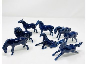 Vintage Mu Wang Porcelain Horses In Blue