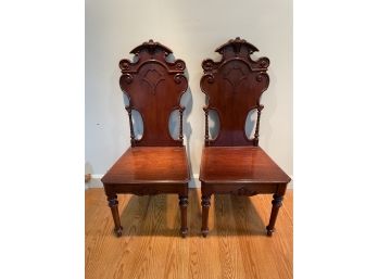 Pair Of Hall Chairs With Carved Crest